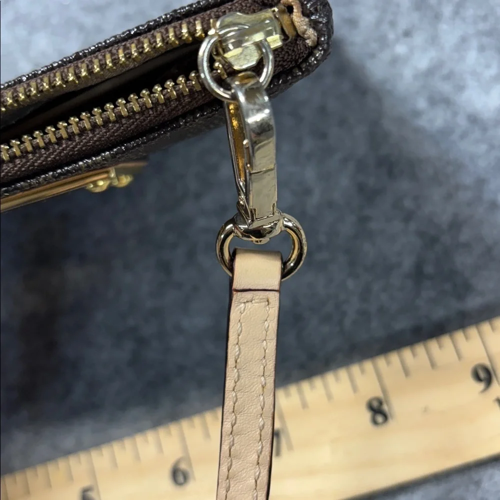 Michael Kors MK Brown Leather Wristlet Monogram Small Purse Mini Brown